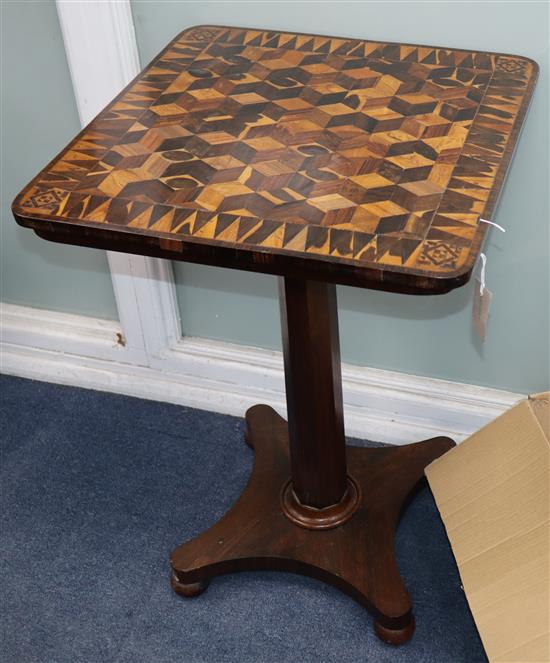 A Victorian Tunbridgeware occasional table with cubed parquetry top W.52cm